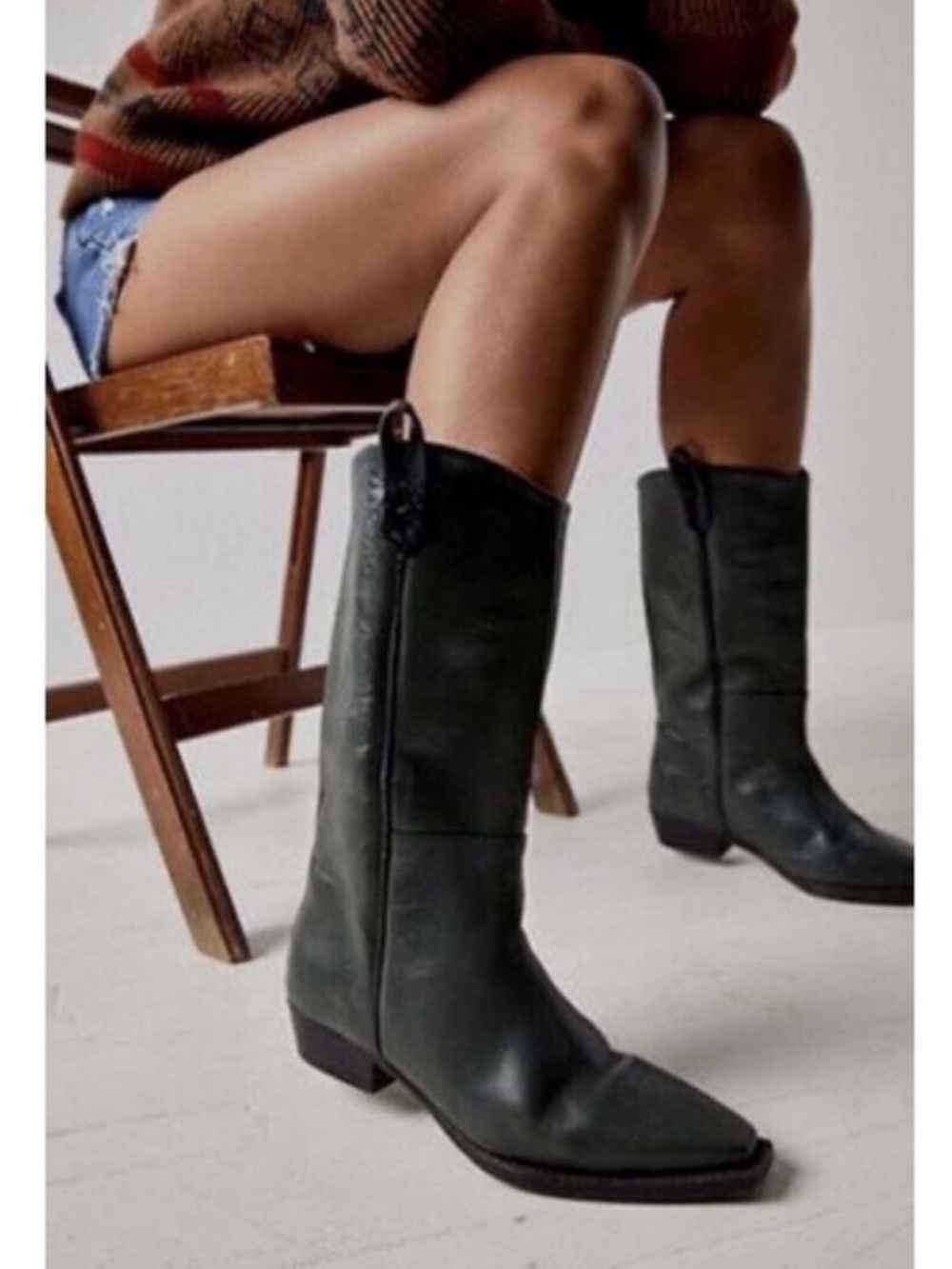 Free People Emerald Montage Dark Green Leather Pull On Distressed Boots